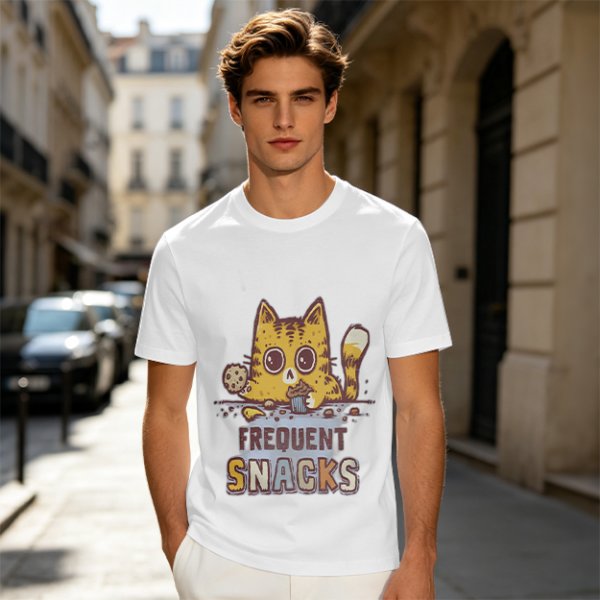 Olive T-Shirt With Cat Eating Snacks Frequent Snacks Print