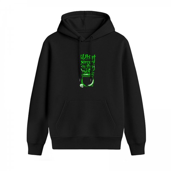 Black hoodie with green witch cauldron and sorcery text graphic