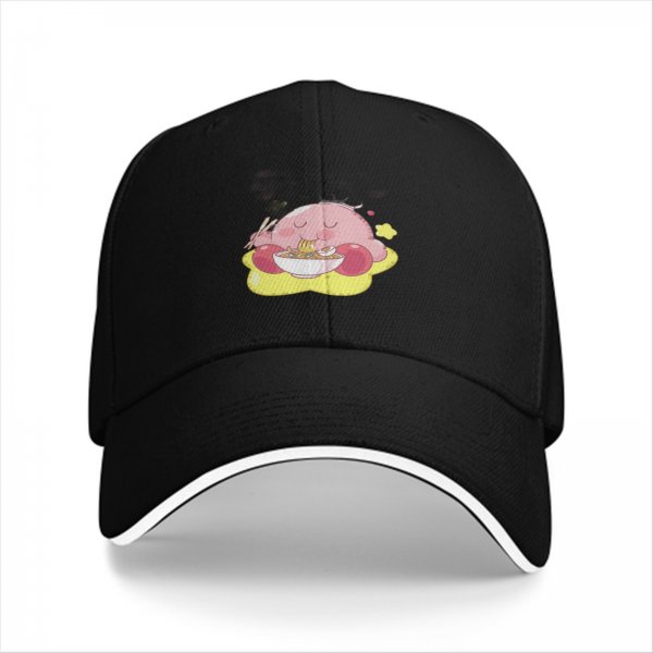 Black baseball cap featuring Kirby eating ramen