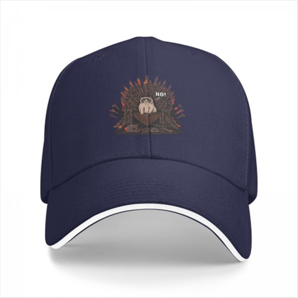 Black baseball cap with sloth on iron throne graphic that says NO