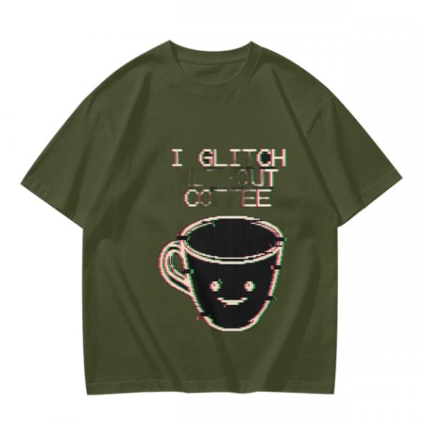 Olive Glitch Coffee Themed Graphic T-Shirt
