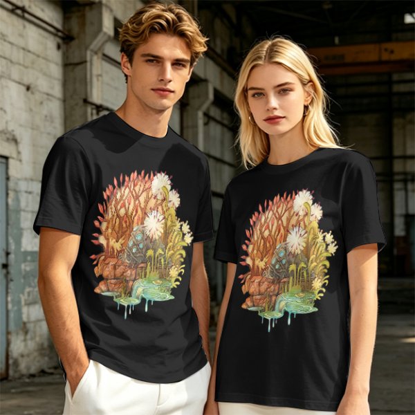Olive Green T-Shirt with Whimsical Nature Floral and Rock Art Print