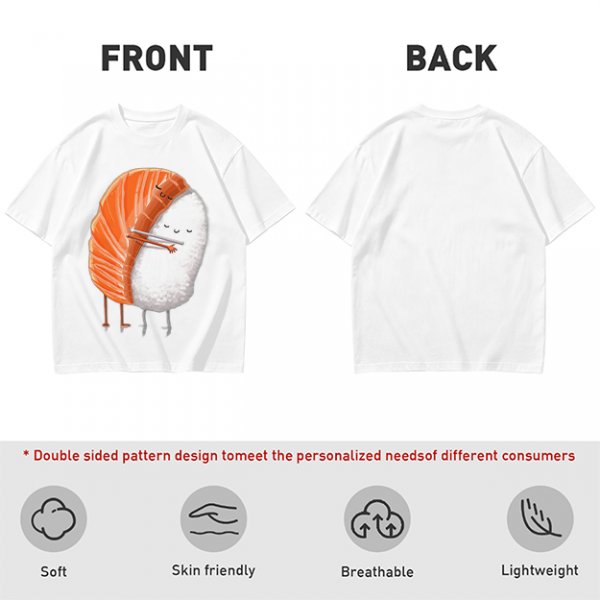 Olive T-shirt with Cute Hugging Salmon Sushi and Rice Print