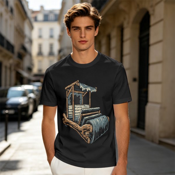 Olive T-Shirt With Rustic Wooden Cart Print