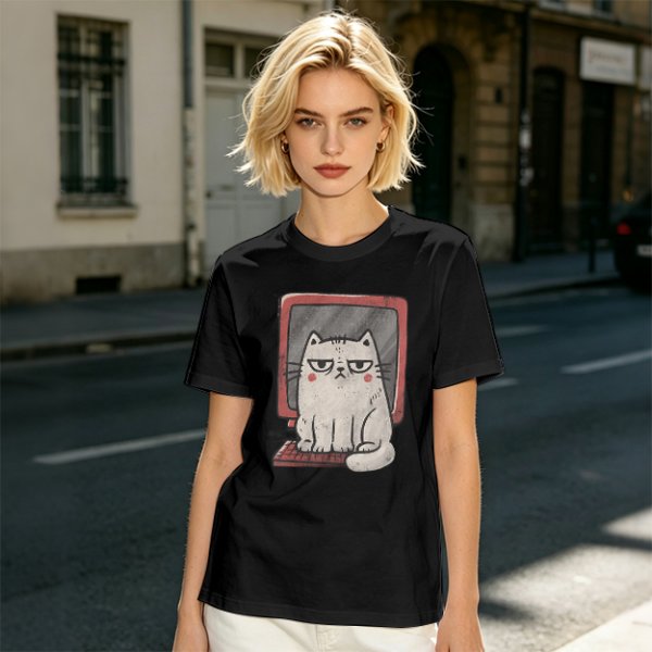 Olive T-shirt with Grumpy Cat on Retro Computer Print