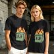 Olive green t-shirt with a cartoon burning box graphic