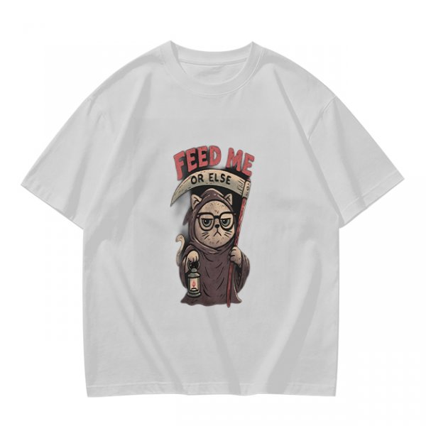 Olive T-shirt with Grim Reaper Cat 'Feed Me Or Else' Print