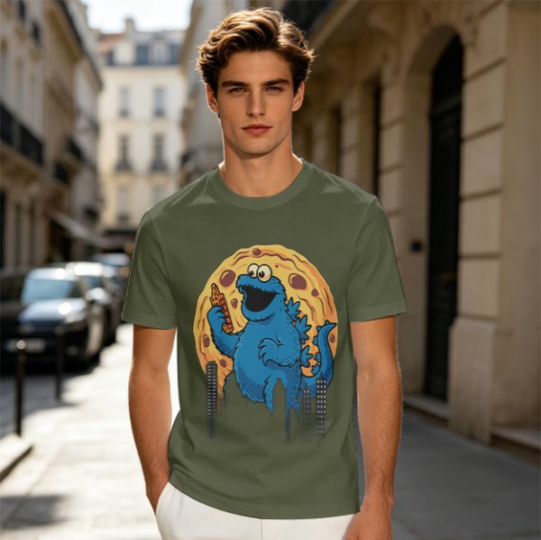 Olive T-Shirt Featuring Giant Cookie Monster Holding Cookie Against Moon