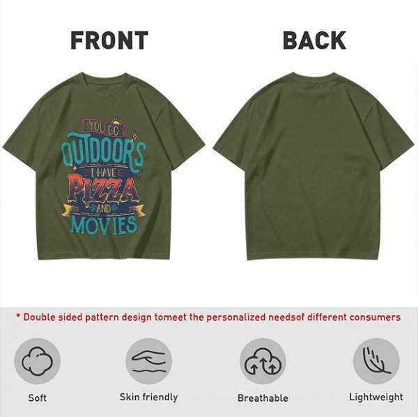 Olive Graphic T-Shirt With 'You Go Outdoors I Have Pizza And Movies' Print