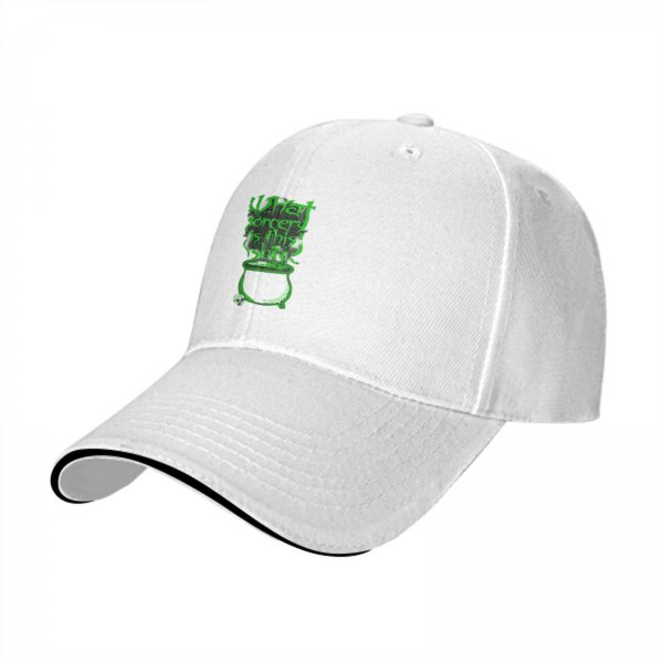 Black baseball cap with green 'What sorcery is this' cauldron graphic