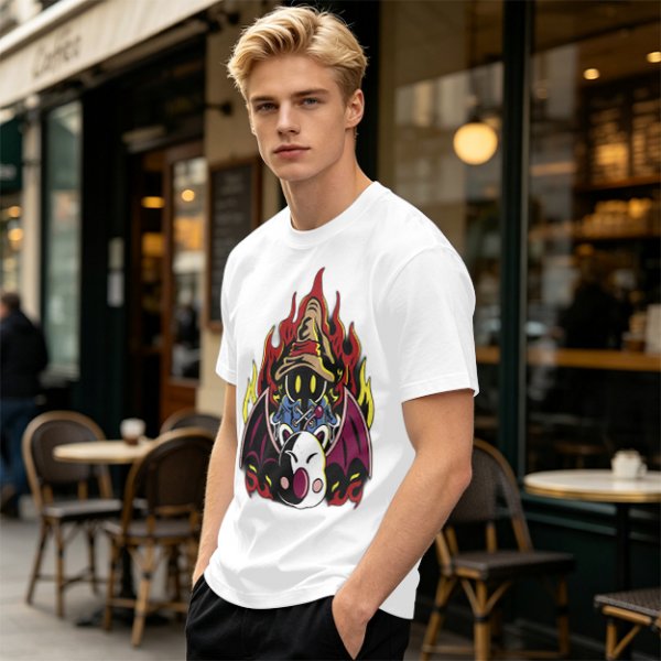 Olive T-shirt with Final Fantasy Vivi and Moogle Fire Artwork