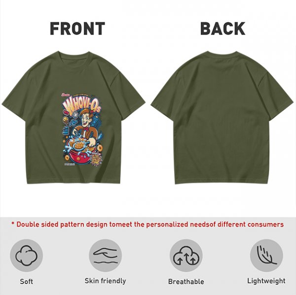 Olive t-shirt with Doctor Who themed Whov-Os cereal print