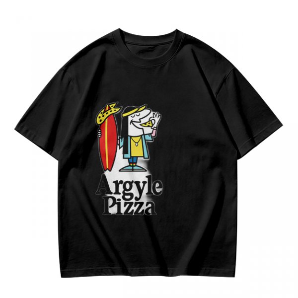 Olive T-Shirt with Surfer Pizza Character and Argyle Pizza Print