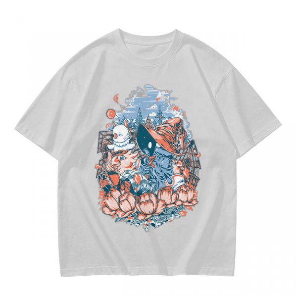 Olive T-Shirt with Whimsical Fantasy Character and Floral Art Print