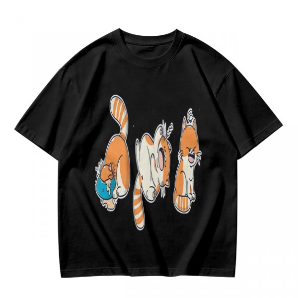 Olive T-Shirt With Playful Orange Cat Illustrations