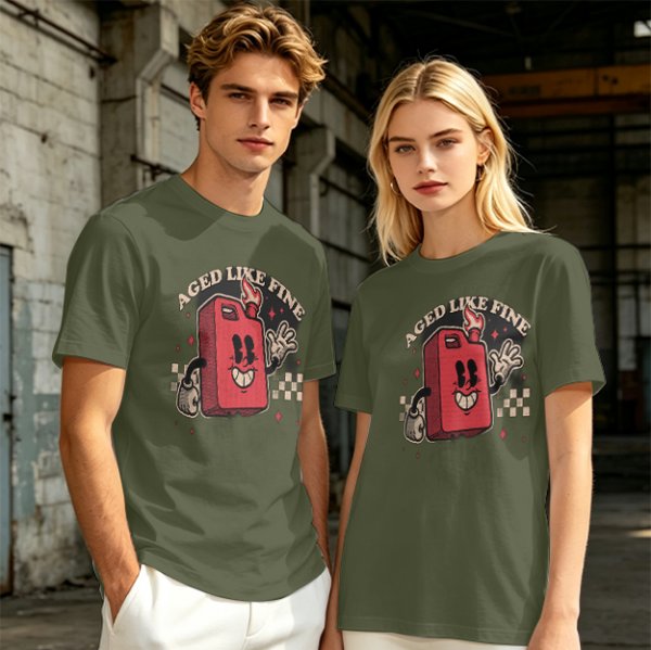 Olive T-Shirt with Retro Cartoon Gas Can 'Aged Like Fine' Print
