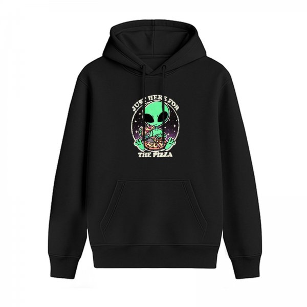 Black Hoodie with Alien Just Here For The Pizza Graphic