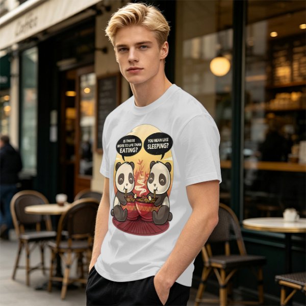 Olive t-shirt with pandas debating life beyond eating and sleeping