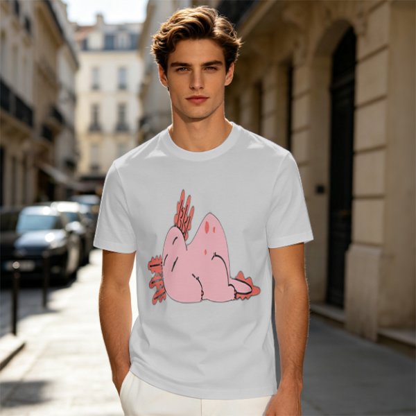 Olive Green T-Shirt With Pink Axolotl Graphic Print