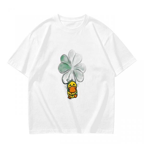 Olive T-shirt with Cute Duck Holding Four-Leaf Clover Print