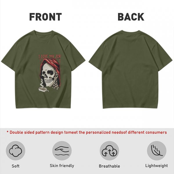 Olive Graphic T-Shirt with Skull and 'I Love My Job' Print