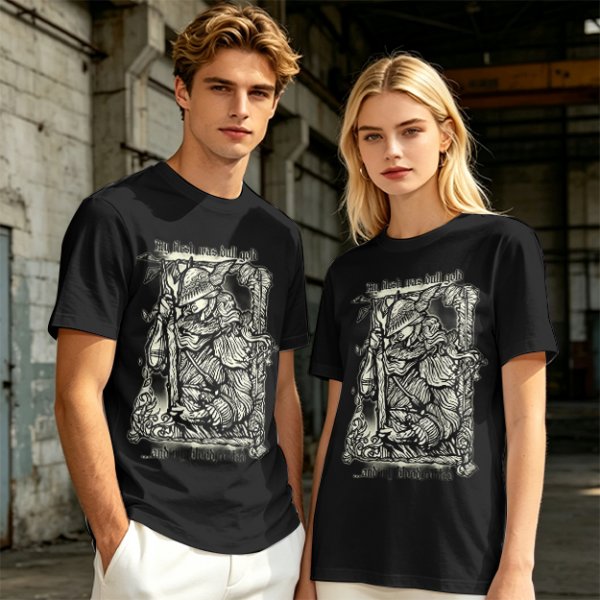 Olive t-shirt with medieval wanderer graphic and gothic text print