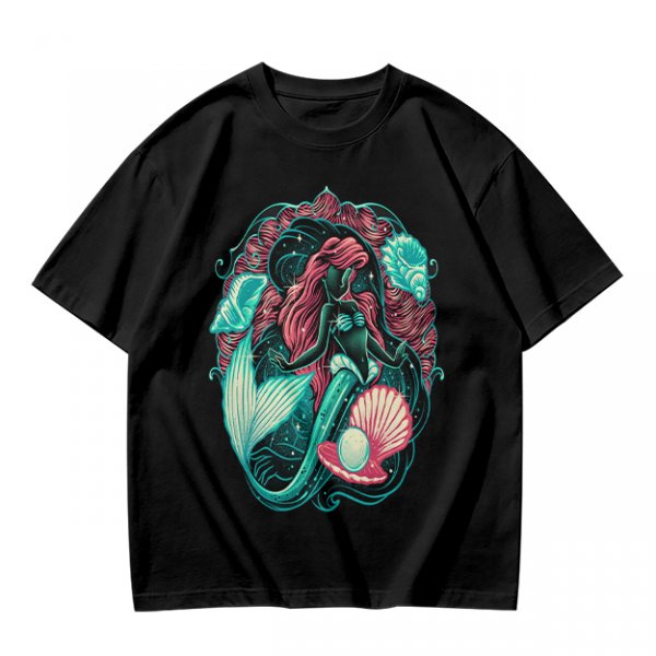 Olive T-Shirt With Mermaid And Seashell Graphic Print