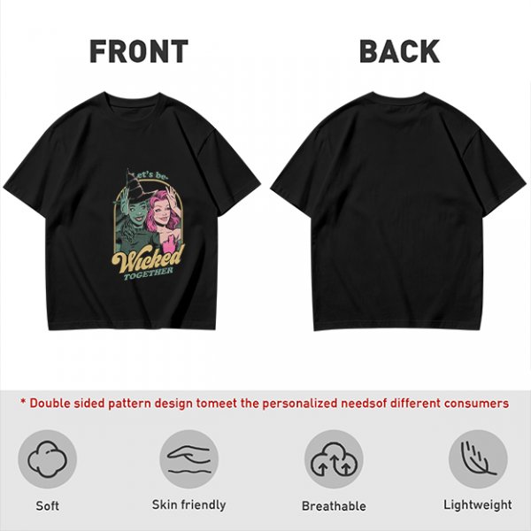 Olive green graphic t-shirt with 'Let's be Wicked Together' witch design
