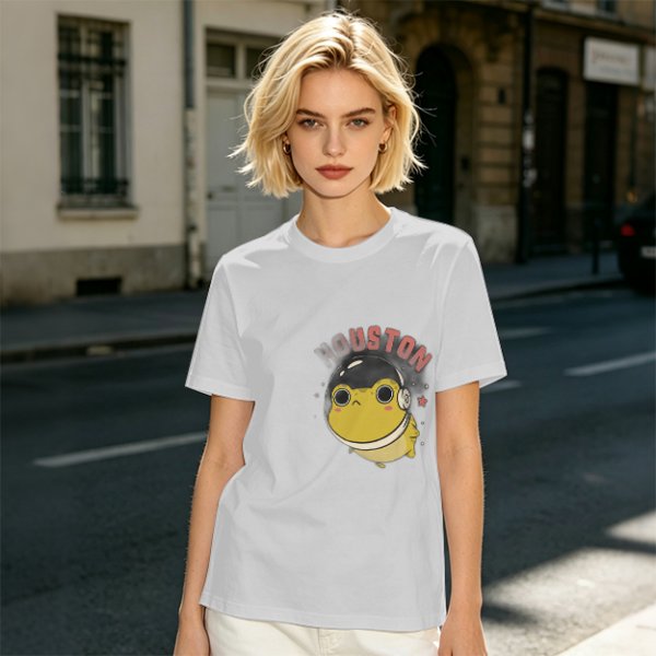Olive green t-shirt with space frog graphic and Houston text