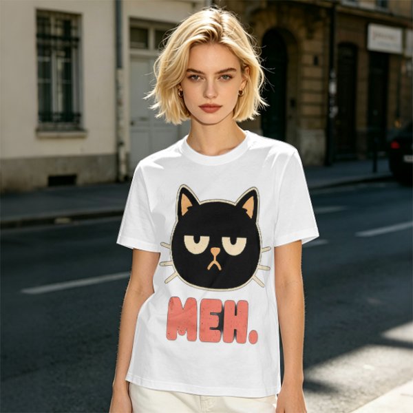 Olive T-Shirt With Grumpy Black Cat Meh Graphic Print
