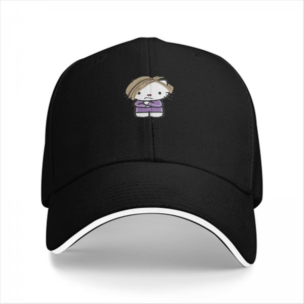 Black baseball cap with grumpy cartoon cat graphic