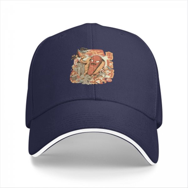 Black baseball cap with giant hot kaiju destroying city graphic