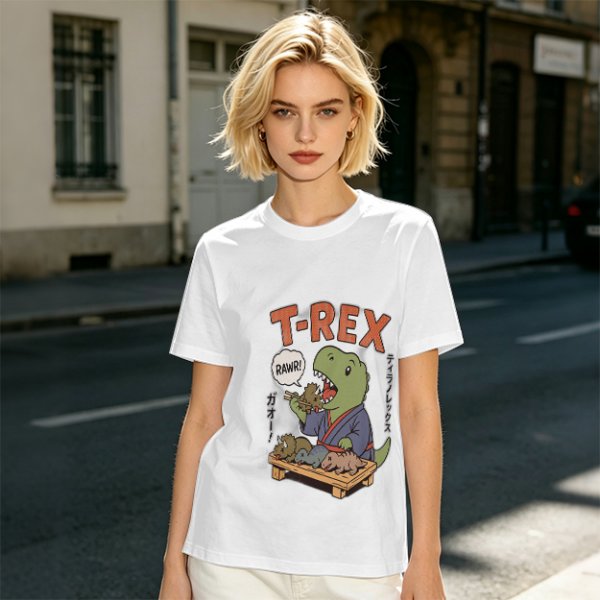 Olive T-shirt with cartoon T-Rex holding small dinosaurs and RAWR text