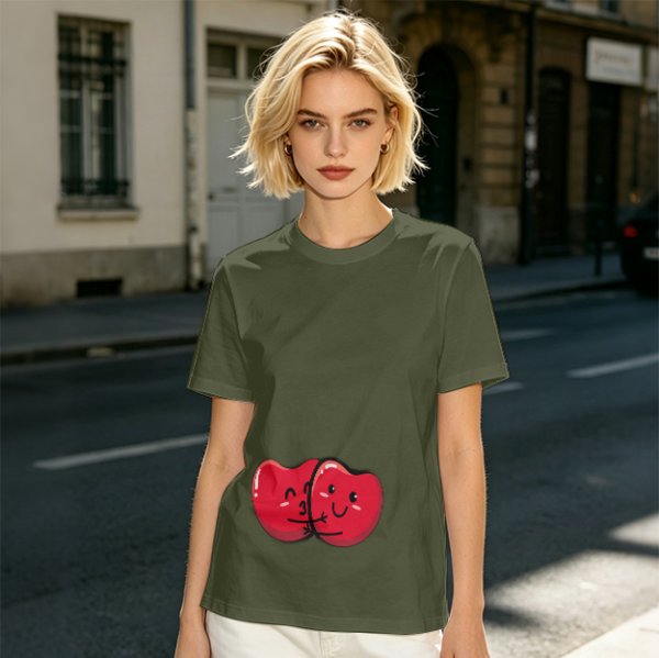 Olive green t-shirt with cute hugging red beans graphic
