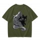 Olive Green T-Shirt With Black Cat Peeking From Knight Helmet Art
