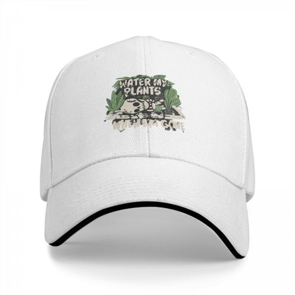 Black baseball cap with 'Water My Plants When I'm Gone' skull and plant graphic