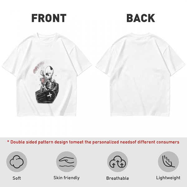 Olive T-shirt with Skeleton in Coffin Holding Coffee Print