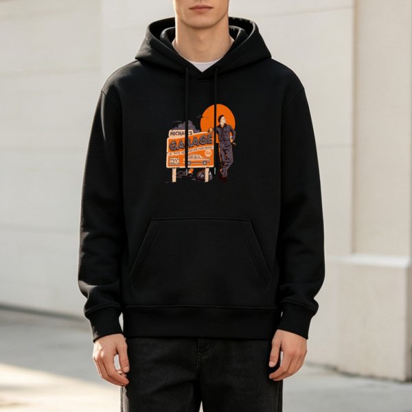 Black Hoodie With Michael's Garage Horror Artwork Print