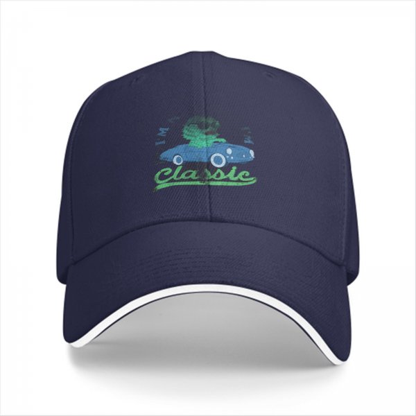 Black baseball cap with classic car and green character graphic