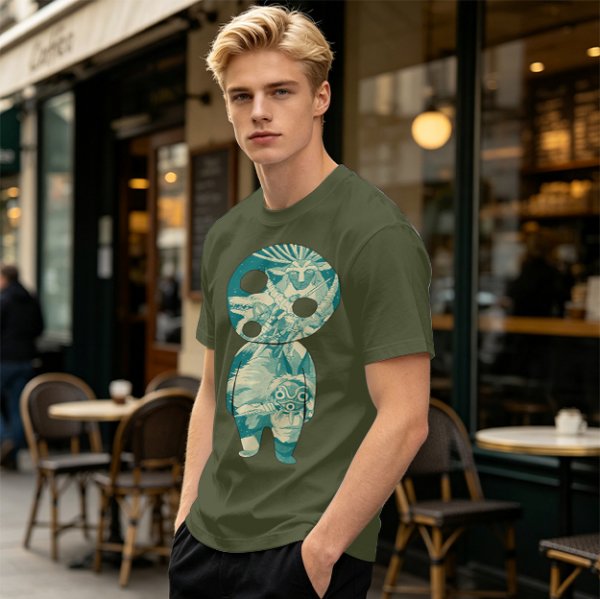 Olive T-Shirt With Fantasy Forest Spirit Graphic Print