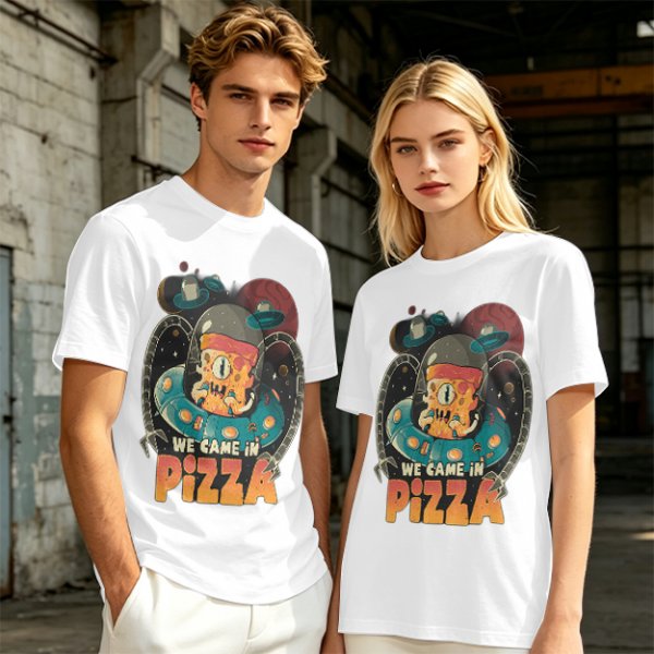 Olive t-shirt with space pizza alien graphic and 'We Came in Pizza' text