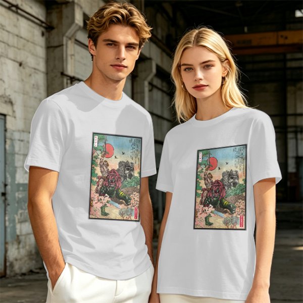 Olive T-shirt with ukiyo-e style fantasy creature graphic print