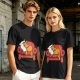 Olive green t-shirt with a sleeping orange cat on a red armchair print