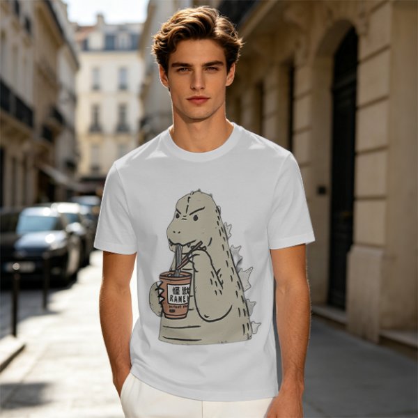 Olive T-Shirt Featuring Godzilla Eating Ramen