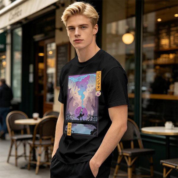 Olive T-shirt with Cyberpunk City Bridge Character Art Print