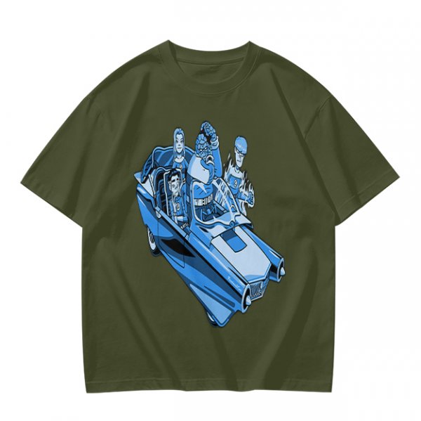 Olive T-shirt with retro blue cartoon car and characters graphic