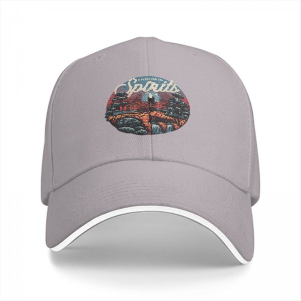 Black baseball cap with 'A Place for the Spirits' nature landscape graphic
