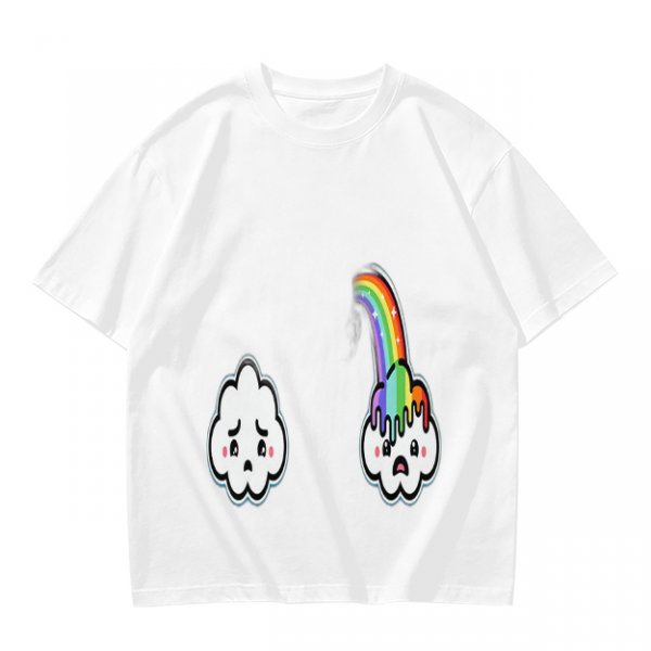 Oversized Olive T-Shirt With Sad Clouds And Rainbow Drip Graphic