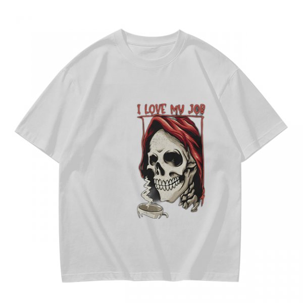Olive Graphic T-Shirt with Skull and 'I Love My Job' Print