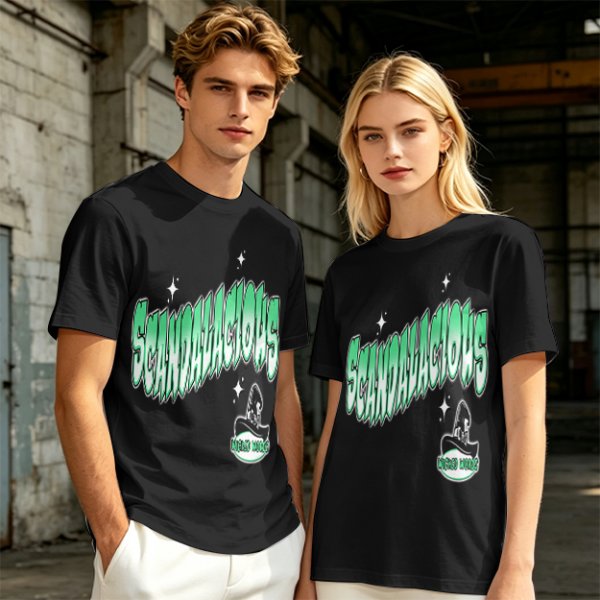 Olive green graphic t-shirt with 'Scandalacious' print and witch hat design
